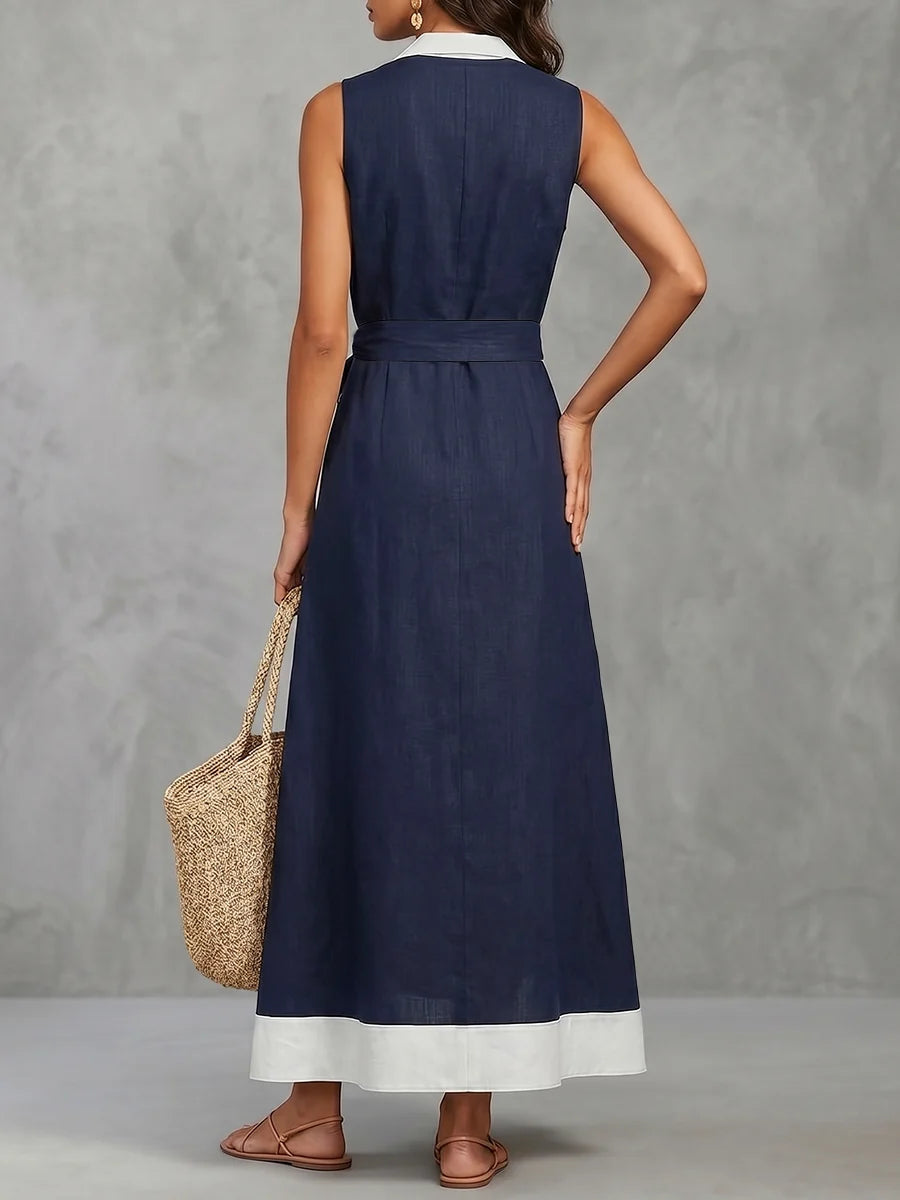 Vestido Maxi Holgado Línea A Con Botones, Contraste De Color, Bolsillos, Lazada Y Cremallera - Cuello Solapa