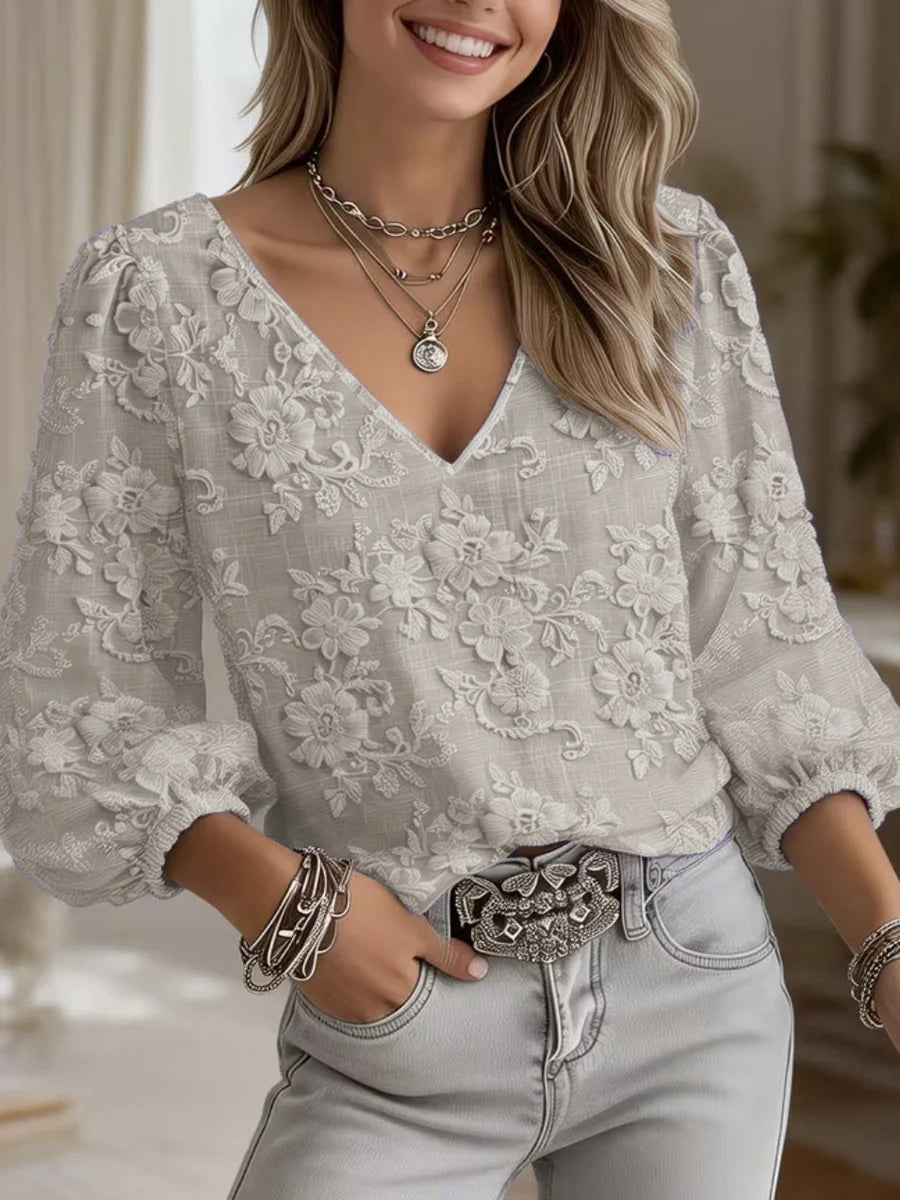 Solid Color Jacquard Long Sleeve V-Neck Blouse with Elastic