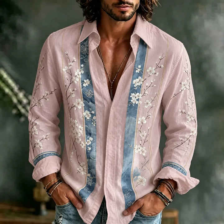 Men's Retro Boho Striped Color Block Shirt - Japanese Cherry Blossom Print Long Sleeve