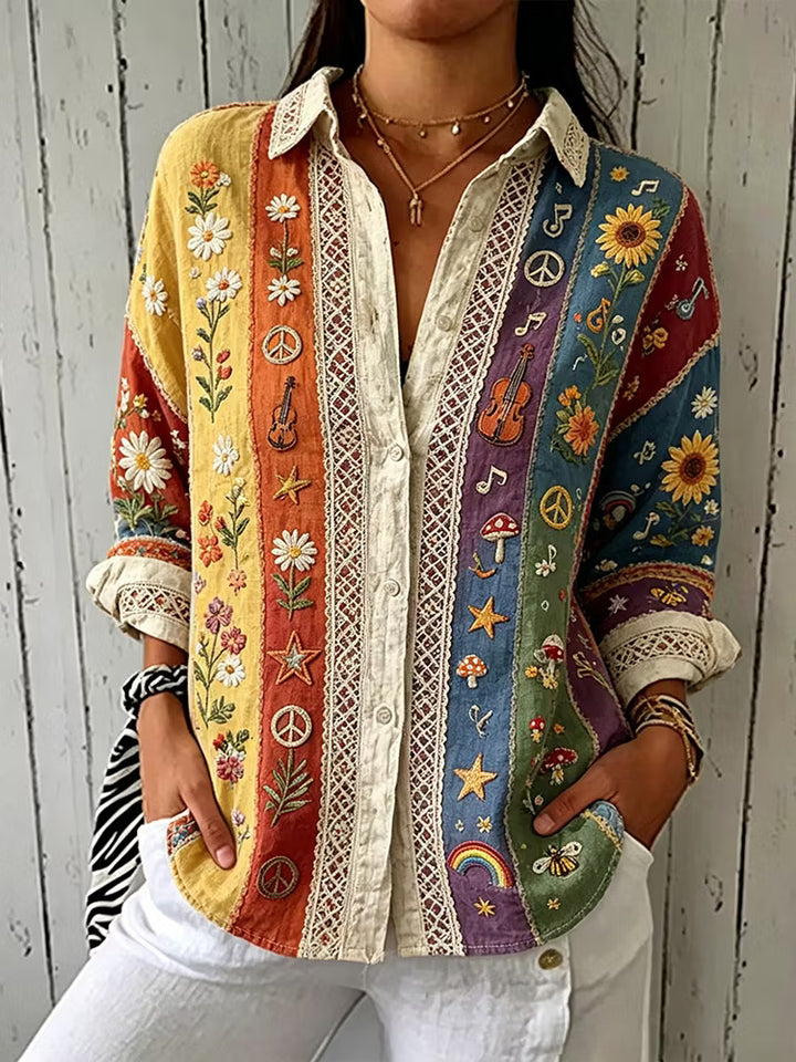 Camisa Casual de Algodão e Linho com Padrão Hippie Patchwork de Plantas, Flores e Música