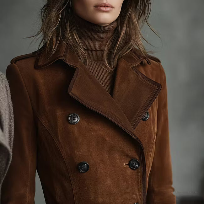 Trench Coat Vintage Estilo Western Con Solapa Y Botones En Ante