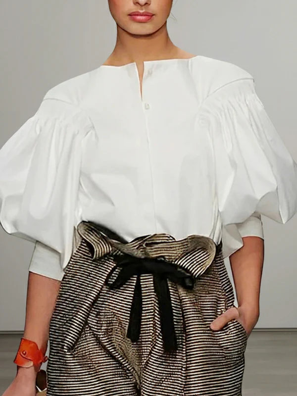 Puff Sleeve Button-Up Blouse - Solid Colors