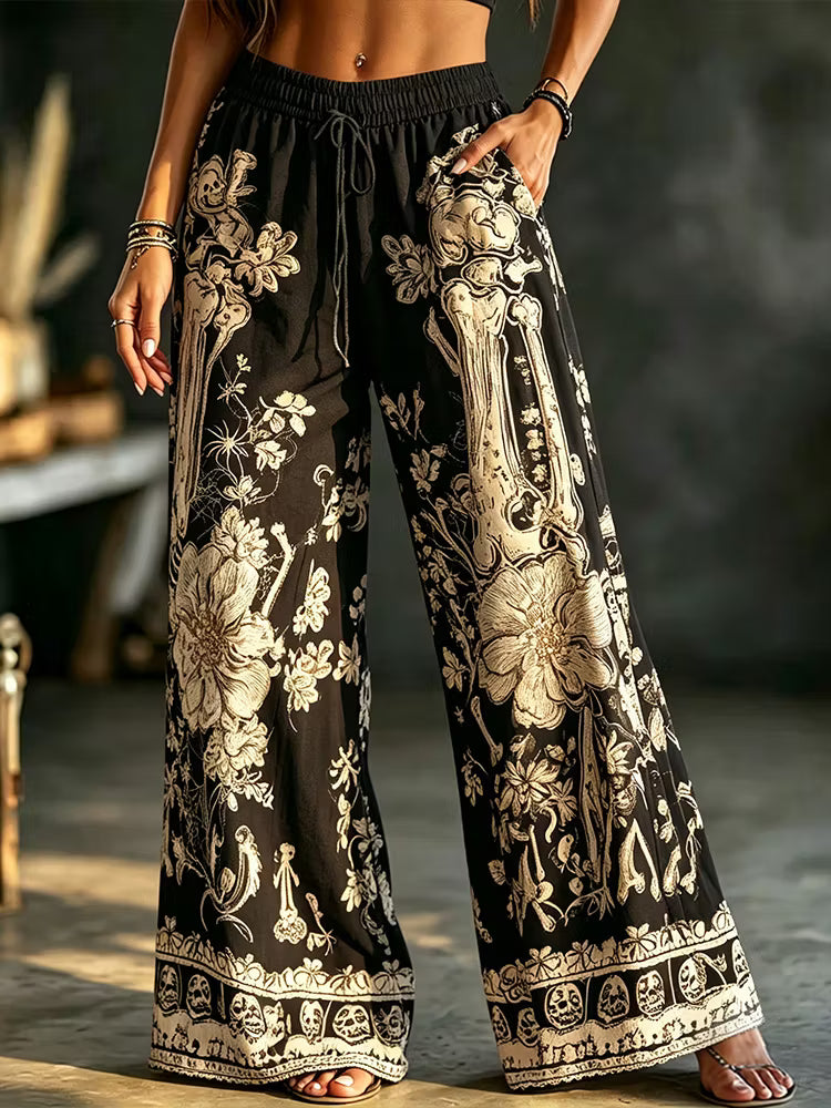 Calças Palazzo Boho Gótico - Perna Larga Estampada com Esqueletos Florais