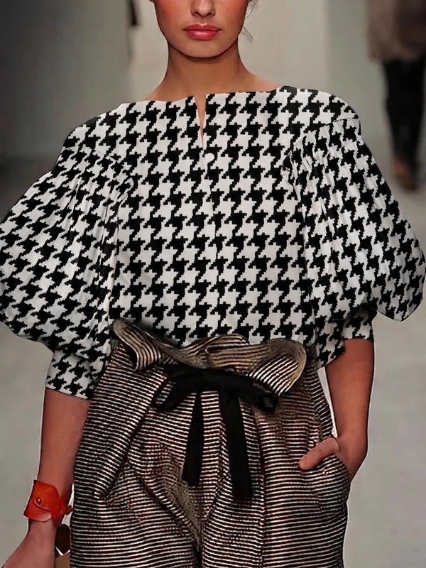 Blusa Suelta Con Estampado Pied-de-poule Y Mangas Abullonadas En Colores Contrastantes