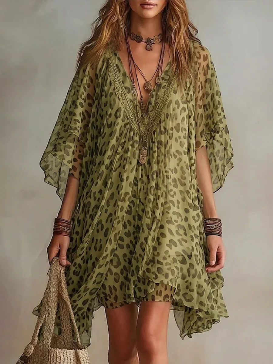 Vestido corto manga murciélago leopardo asimétrico volantes escote en v transparente