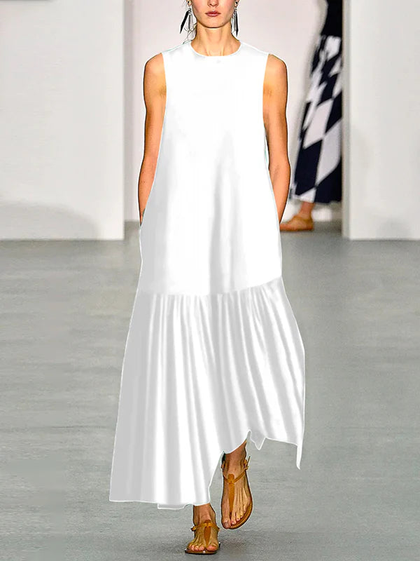 VESTIDO MAXI SOLTO EM A, COM DECOTE REDONDO E COR SÓLIDA