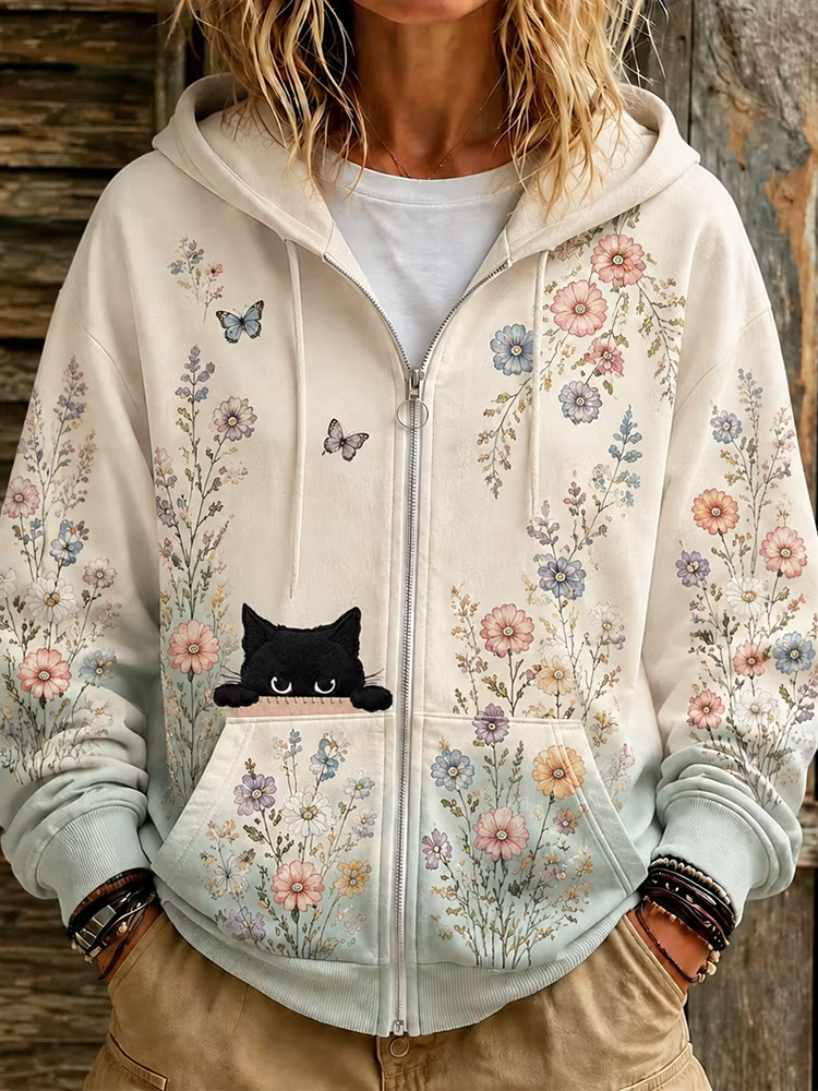 Sudadera Con Cremallera Completa - Estampado Gato Negro Boho Y Flores Silvestres