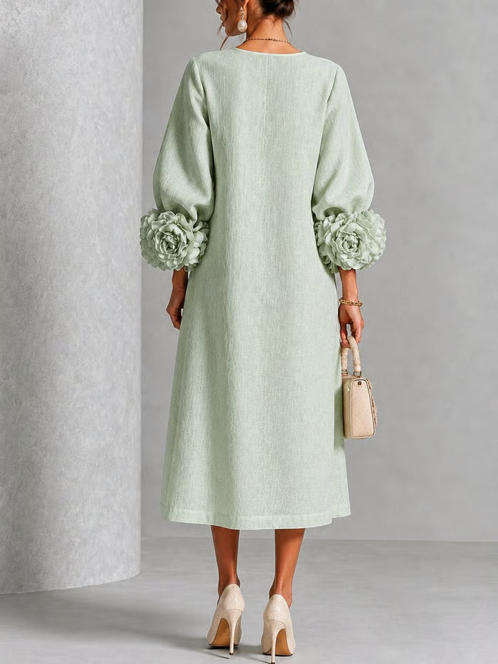 Vestido Midi Floral Con Puños 3d Y Botones Decorativos Y Bolsillos