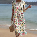 Vestido Vintage Suelto de Manga 3/4 con Estampado Floral en Mezcla de Lino