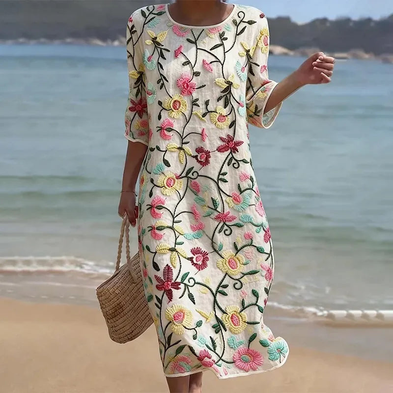 Vestido Vintage Suelto de Manga 3/4 con Estampado Floral en Mezcla de Lino