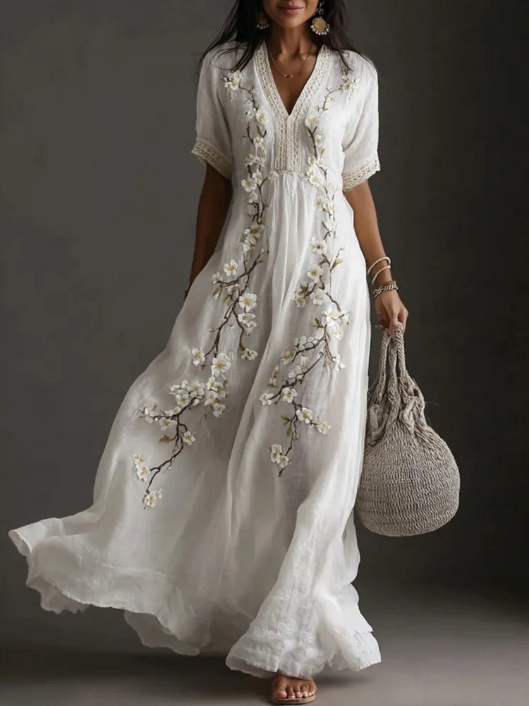 Vestido Maxi De Lino Con Bordado Artístico De Flor De Ciruelo Japonés