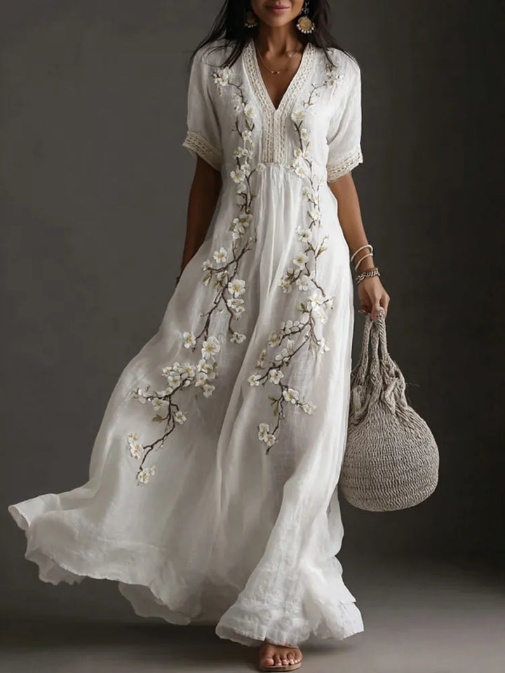 Vestido Maxi De Lino Con Bordado Artístico De Flor De Ciruelo Japonés