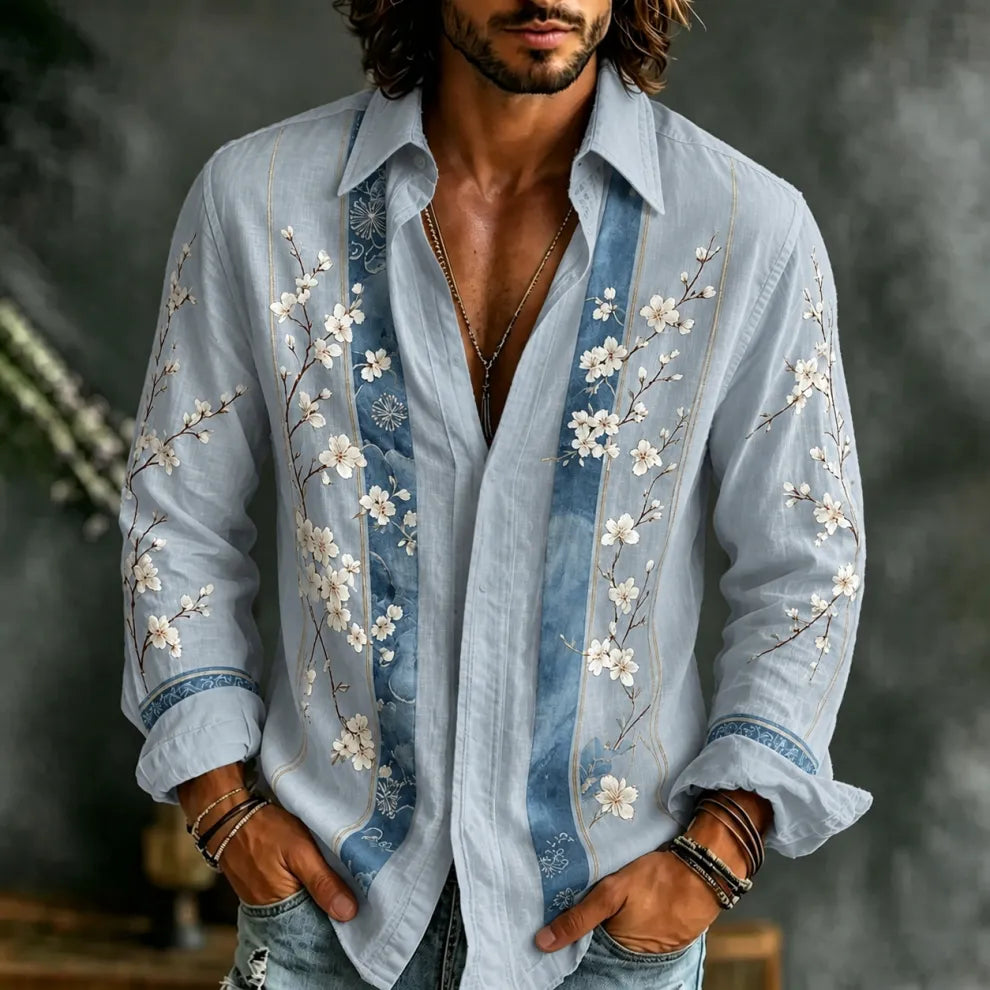 Men's Retro Boho Striped Color Block Shirt - Japanese Cherry Blossom Print Long Sleeve