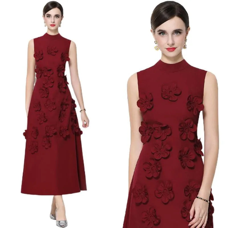 Vestido maxi gala sin mangas cuello alto flores 3d patchwork boda