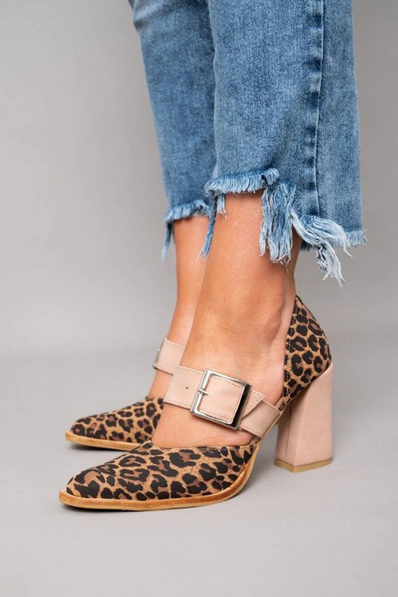 SELVETA - SANDALIAS DE ANTE CON ESTAMPADO LEOPARDO Y TACÓN ESTABLE