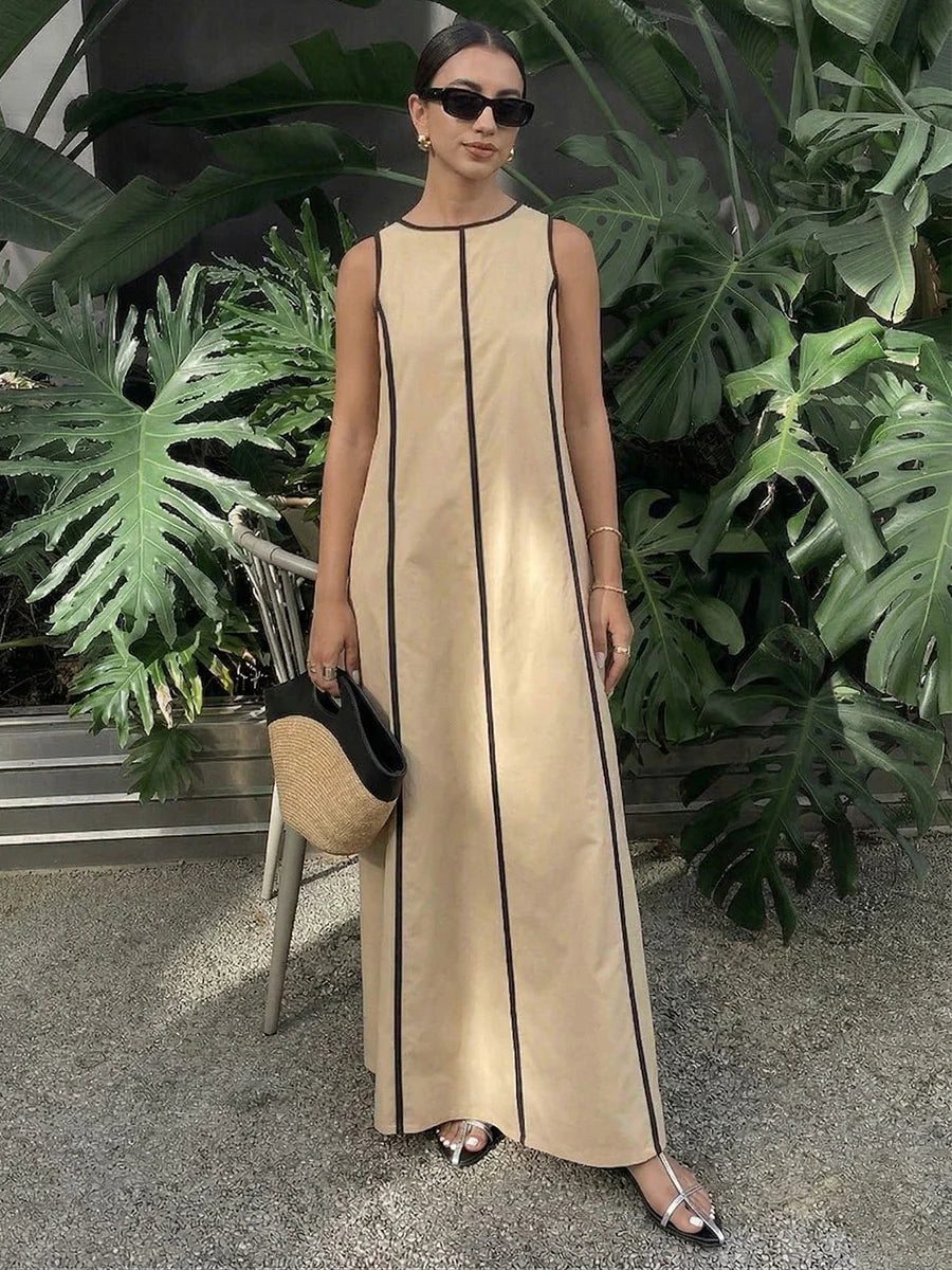 Vestido Maxi Holgado Línea A Bicolor Con Rayas Y Cuello Redondo