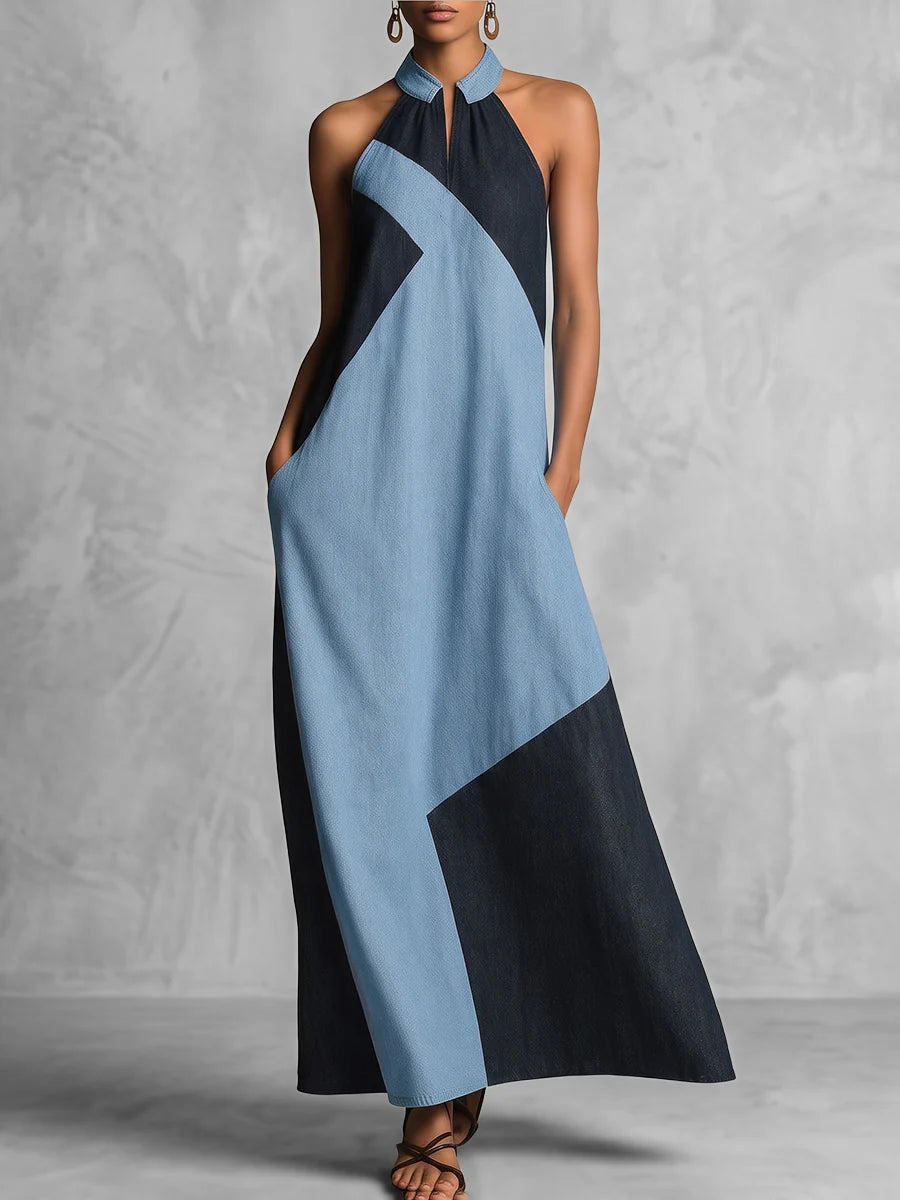 Vestido Maxi Holgado Sin Mangas Con Cuello Halter, Cremallera, Bolsillos Y Color En Contraste