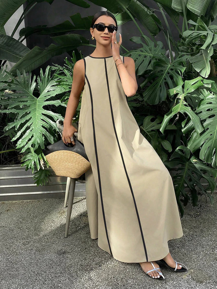 Vestido Maxi Holgado Línea A Bicolor Con Rayas Y Cuello Redondo