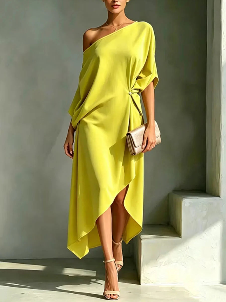 Vestido Maxi Asimétrico De Un Hombro Con Espalda Abierta, Botones Y Modelado Suelto