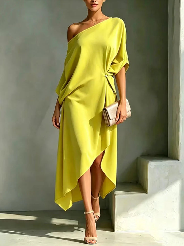 Vestido Maxi Asimétrico De Un Hombro Con Espalda Abierta, Botones Y Modelado Suelto