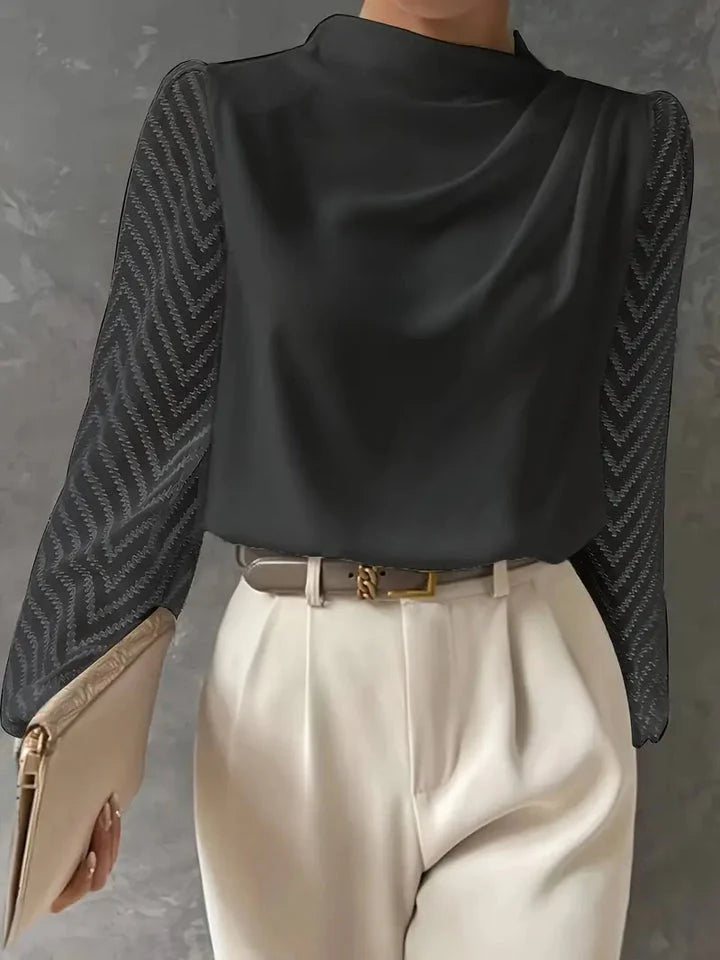 SAMANTA® | BLUSA CON MANGAS DE EFECTO ILUSIÓN Y ESCOTE MOCHA FRUNCIDO