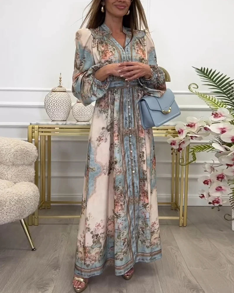 Ada™ | Vestido Comprido Floral Com Botões