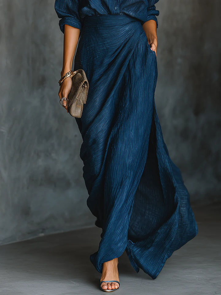 Conjunto Saia Comprida e Blusa Algodão Linho Azul-Marinho
