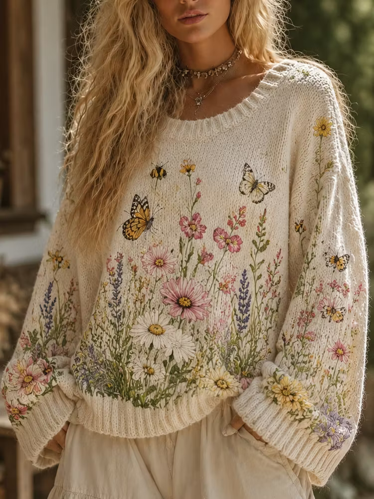 Jersey De Punto Cuello Redondo Vintage - Estampado Patchwork Floral Pequeño Y Encaje Art