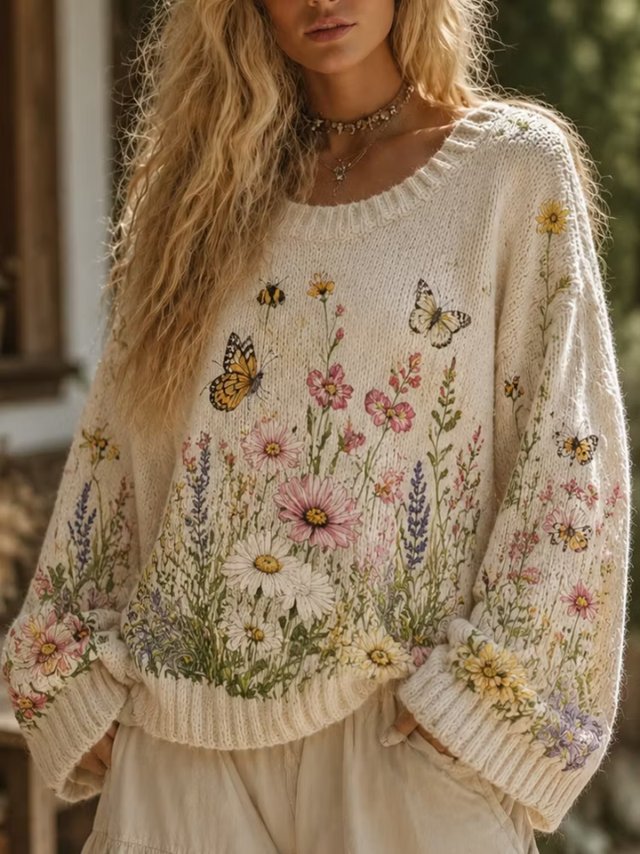 Jersey De Punto Cuello Redondo Vintage - Estampado Patchwork Floral Pequeño Y Encaje Art
