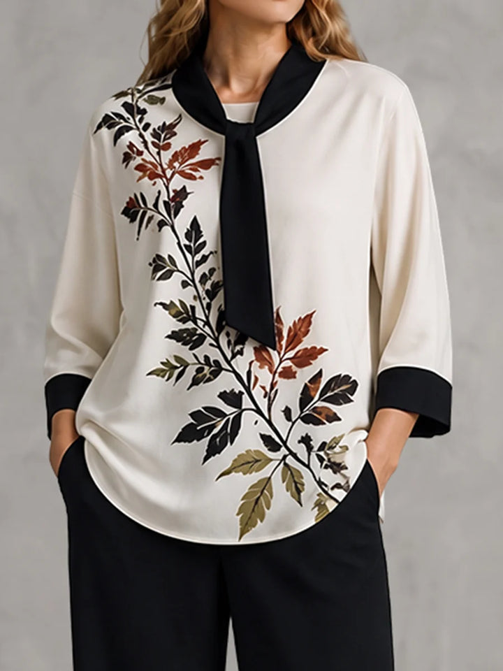 Blusa Con Estampado De Hojas Amarrada