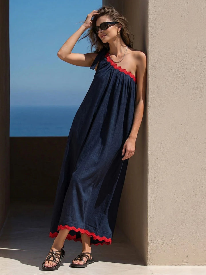 Vestido Maxi Holgado Corte En A Con Un Hombro, Plisado, Bolsillos, Lazo Y Empalme