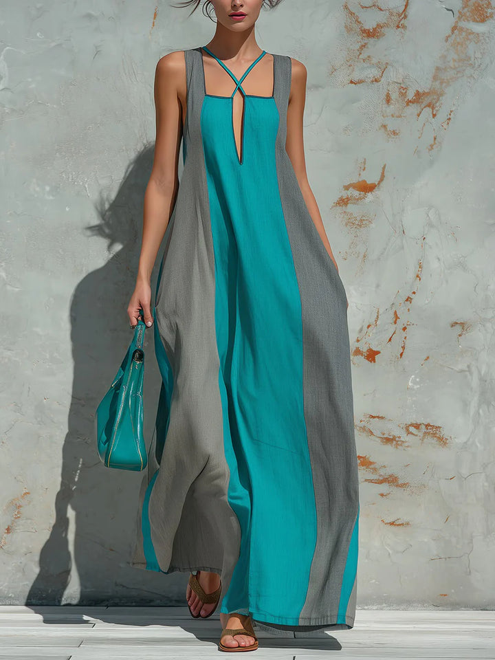 VESTIDO MAXI LARGO SEM MANGAS, COM DECOTE QUADRADO, COSTAS ABERTAS E BOLSOS