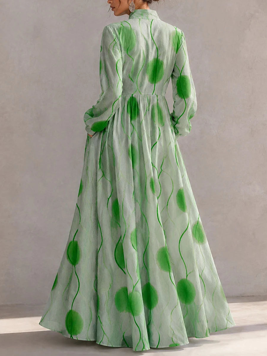 Vestido Maxi Largo Con Bolsillos, Botones En Color Contrastante Y Mangas Abullonadas