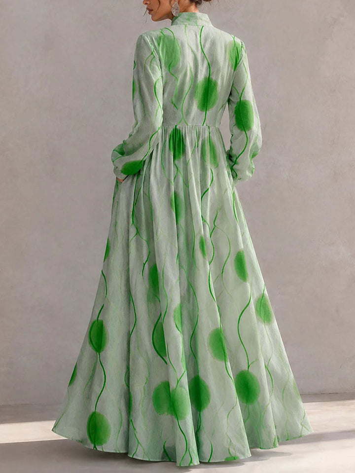 Vestido Maxi Largo Con Bolsillos, Botones En Color Contrastante Y Mangas Abullonadas