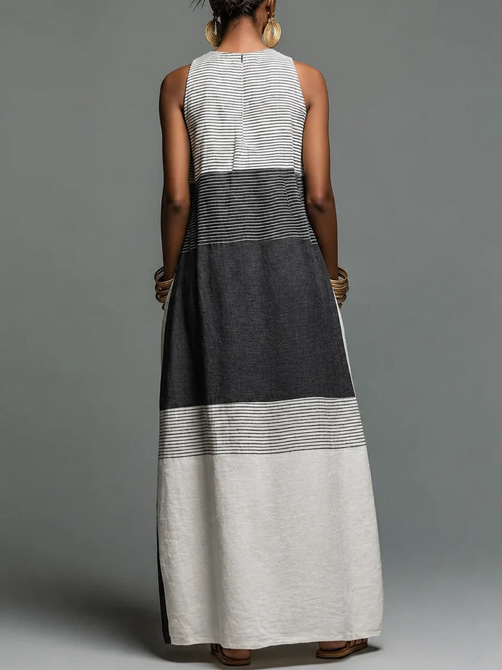 Vestido Maxi Sin Mangas Con Cuello Redondo, Estampado De Rayas, Bolsillos Y Color Contrastante