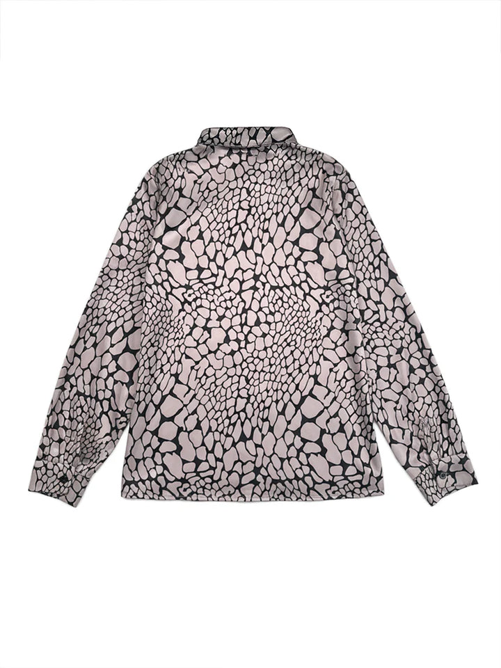 Blusa Holgada De Manga Larga Con Botones, Estampado De Serpiente En Contraste Y Solapa