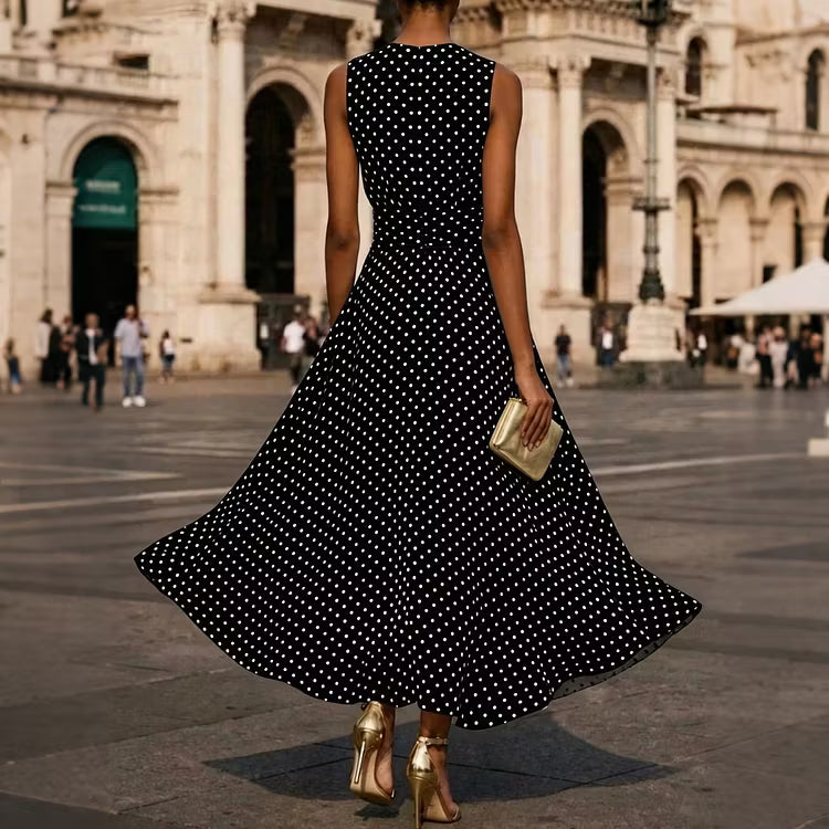 Vestido Elegante Sin Mangas Con Lunares De Estilo Francés Hasta El Tobillo