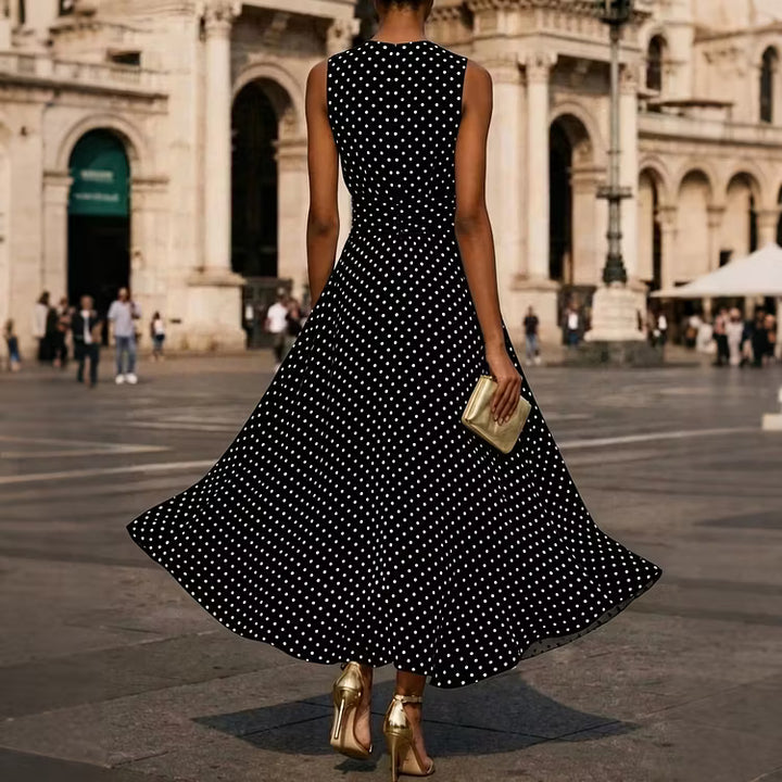 Vestido Elegante Sin Mangas Con Lunares De Estilo Francés Hasta El Tobillo