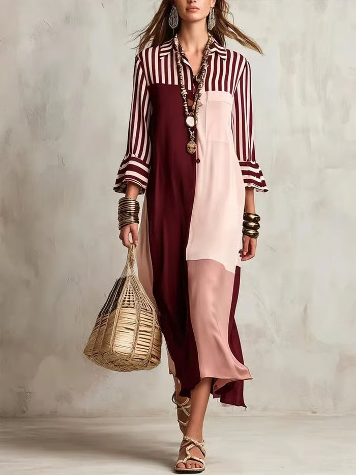 Vestido Midi Camisero Con Mangas Campana Y Bloques De Color En Contraste
