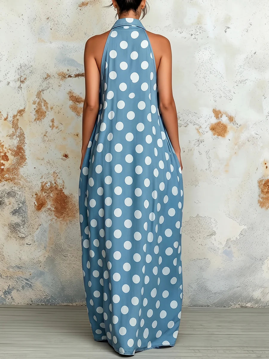 Vestido Maxi Holgado Sin Mangas Con Lunares, Plisado, Botones Y Color En Contraste