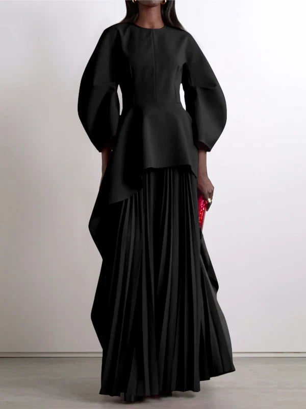 VESTIDO MAXI PLISSADO EM CAMADAS COM MANGA LONGA SOLTA E COR SÓLIDA