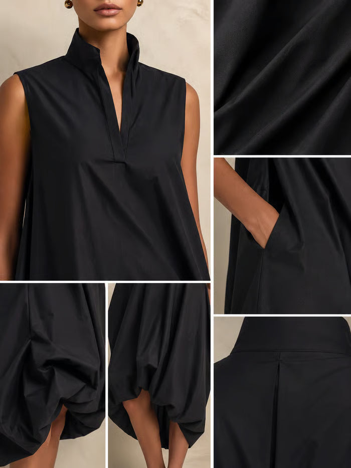 VESTIDO MIDI NEGRO SIN MANGAS CUELLO ALTO CON BAJO ABULLONADO