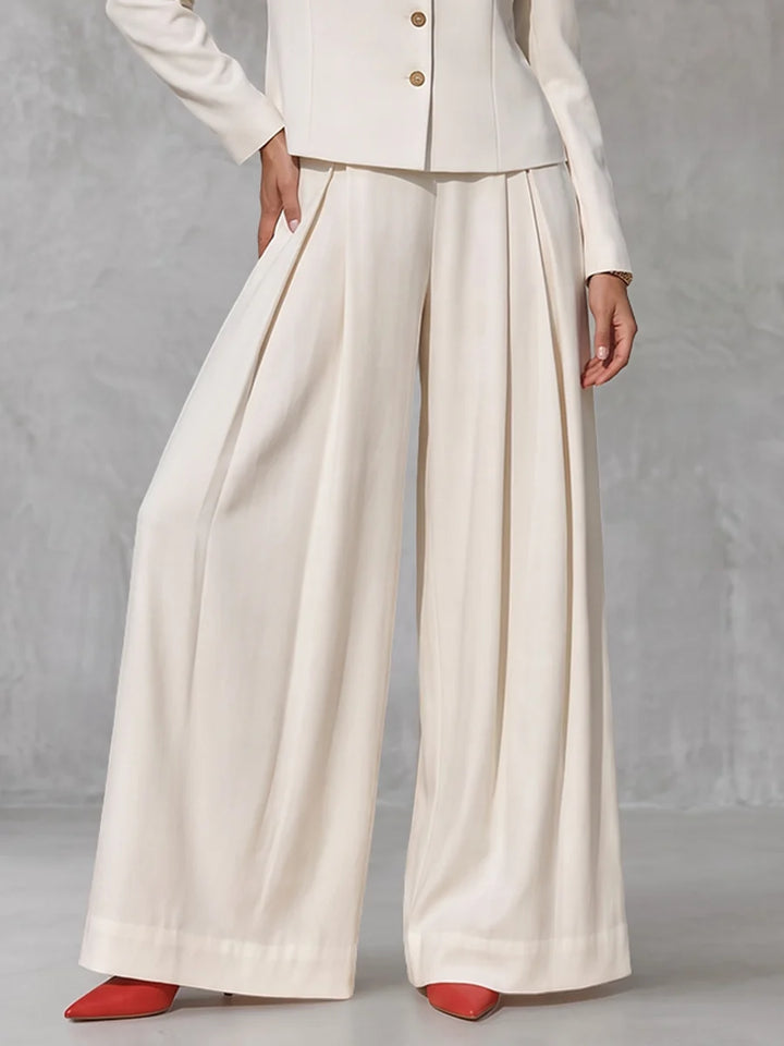 Pantalón De Sastre Color Sólido Pata Ancha Con Bolsillos Plisado Y Cintura Alta