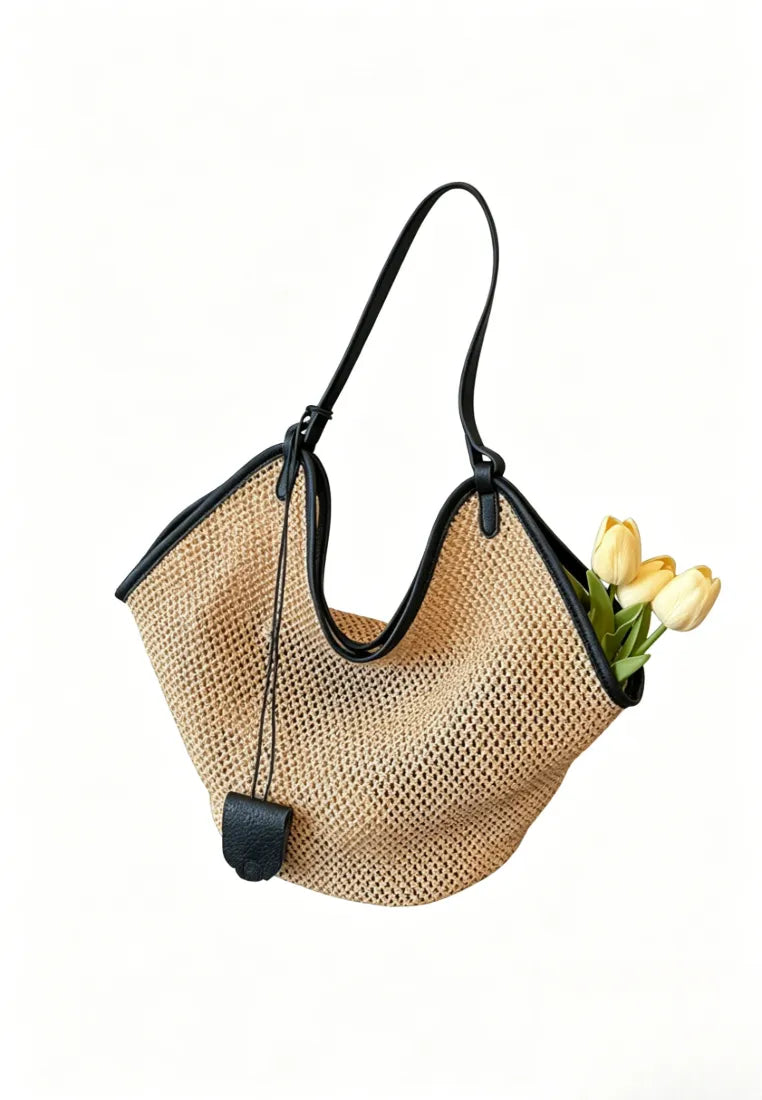Bolso tote tejido calado con ribete de cuero estilo vacaciones k26052002