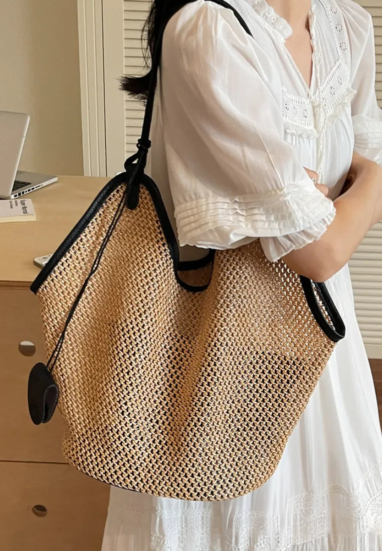 Bolso tote tejido calado con ribete de cuero estilo vacaciones k26052002