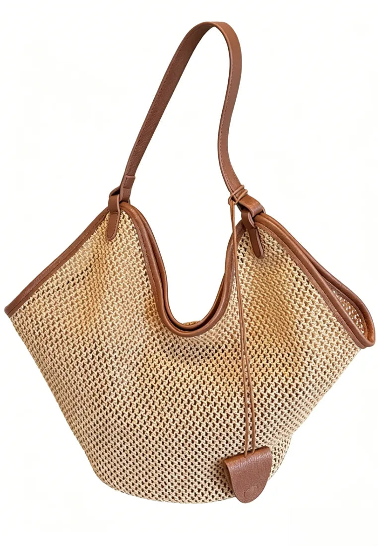Bolso tote tejido calado con ribete de cuero estilo vacaciones k26052002