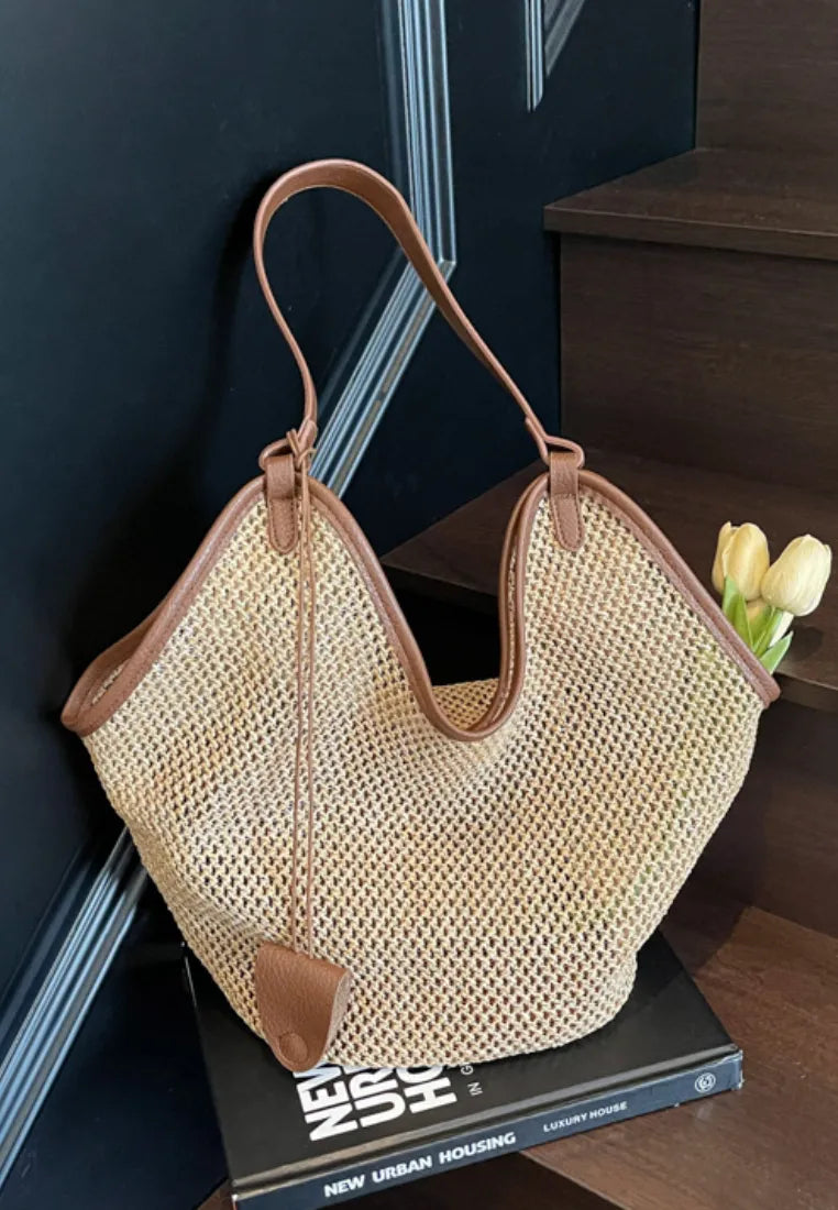 Bolso tote tejido calado con ribete de cuero estilo vacaciones k26052002