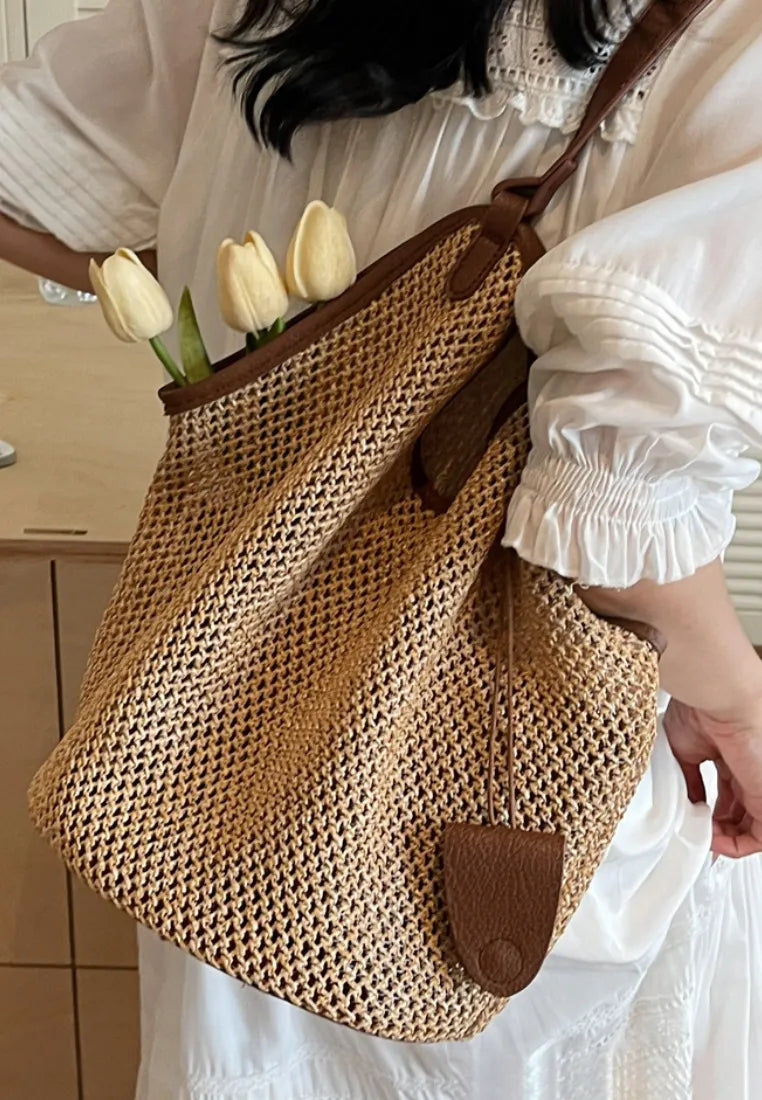 Bolso tote tejido calado con ribete de cuero estilo vacaciones k26052002