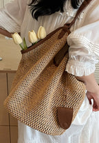 Bolso tote tejido calado con ribete de cuero estilo vacaciones k26052002