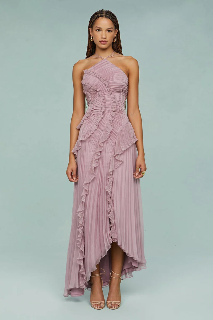 Vestido Midi Femenino De Verano Para Ocasiones Especiales – Modelo De Cuello Halter Plisado Con Detalles De Volantes